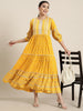 Juniper Mustard Geometric Printed Rayon Tiered Maxi Dress With Buttons & Lace - Distacart