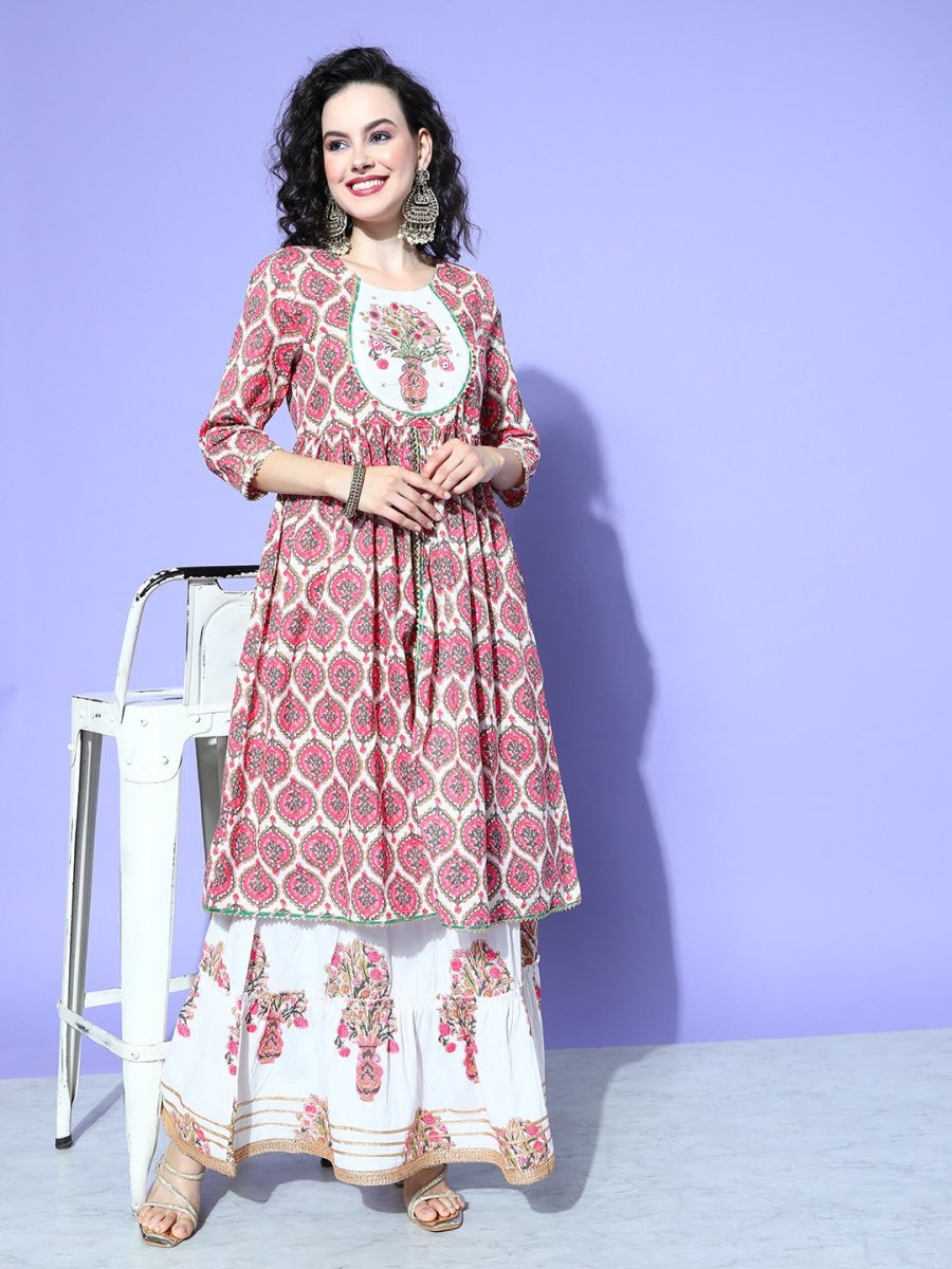 All About You Women White Floral Printed Regular Gotta Patti Pure Cotton Kurta with Skirt & With Dupatta - Distacart