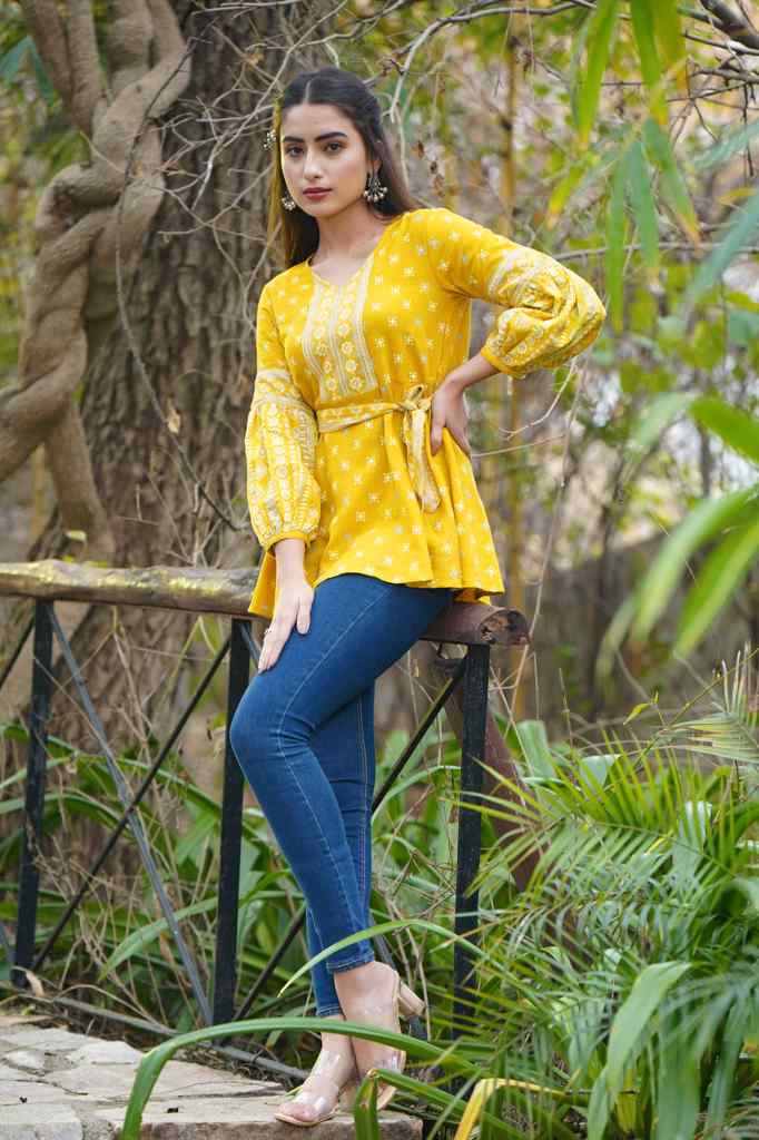 Juniper Women's Mustard Geometric Printed Rayon Flex Peplum Tunic - Distacart