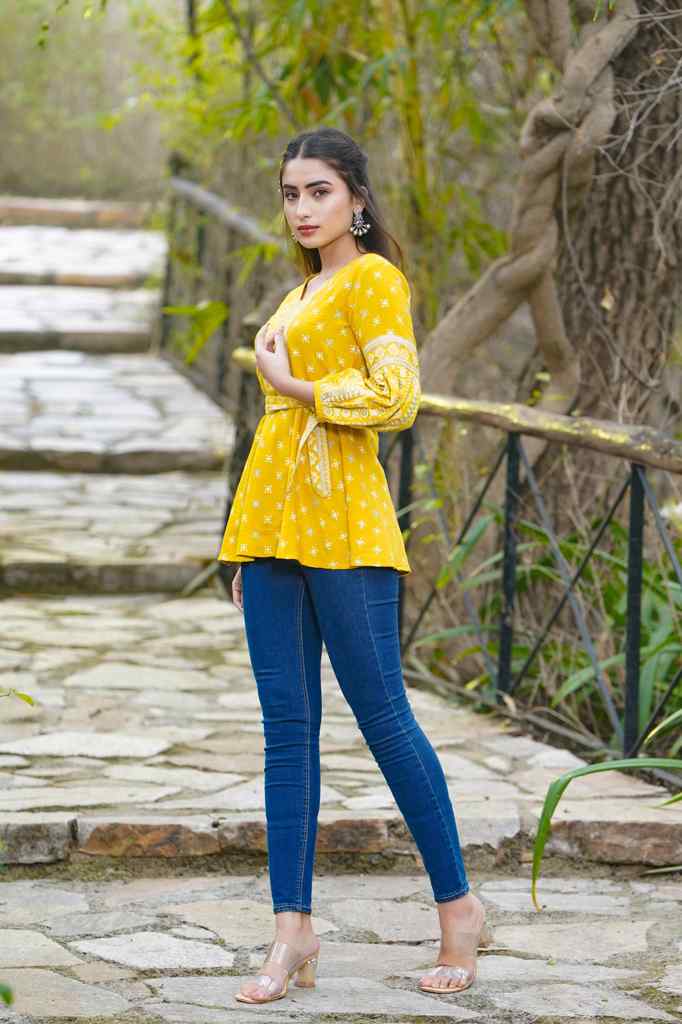 Juniper Women's Mustard Geometric Printed Rayon Flex Peplum Tunic - Distacart