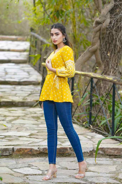 Juniper Women's Mustard Geometric Printed Rayon Flex Peplum Tunic - Distacart