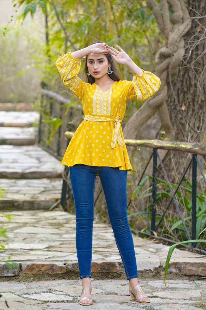 Juniper Women's Mustard Geometric Printed Rayon Flex Peplum Tunic - Distacart