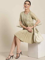 Thumbnail for Juniper Women's Blush Pink Floral Printed Cotton Slub Tiered Short Dress With Thread Work Embroidery - Distacart