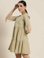 Thumbnail for Juniper Women's Blush Pink Floral Printed Cotton Slub Tiered Short Dress With Thread Work Embroidery - Distacart