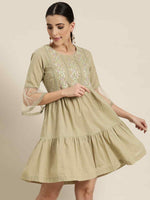 Thumbnail for Juniper Women's Blush Pink Floral Printed Cotton Slub Tiered Short Dress With Thread Work Embroidery - Distacart