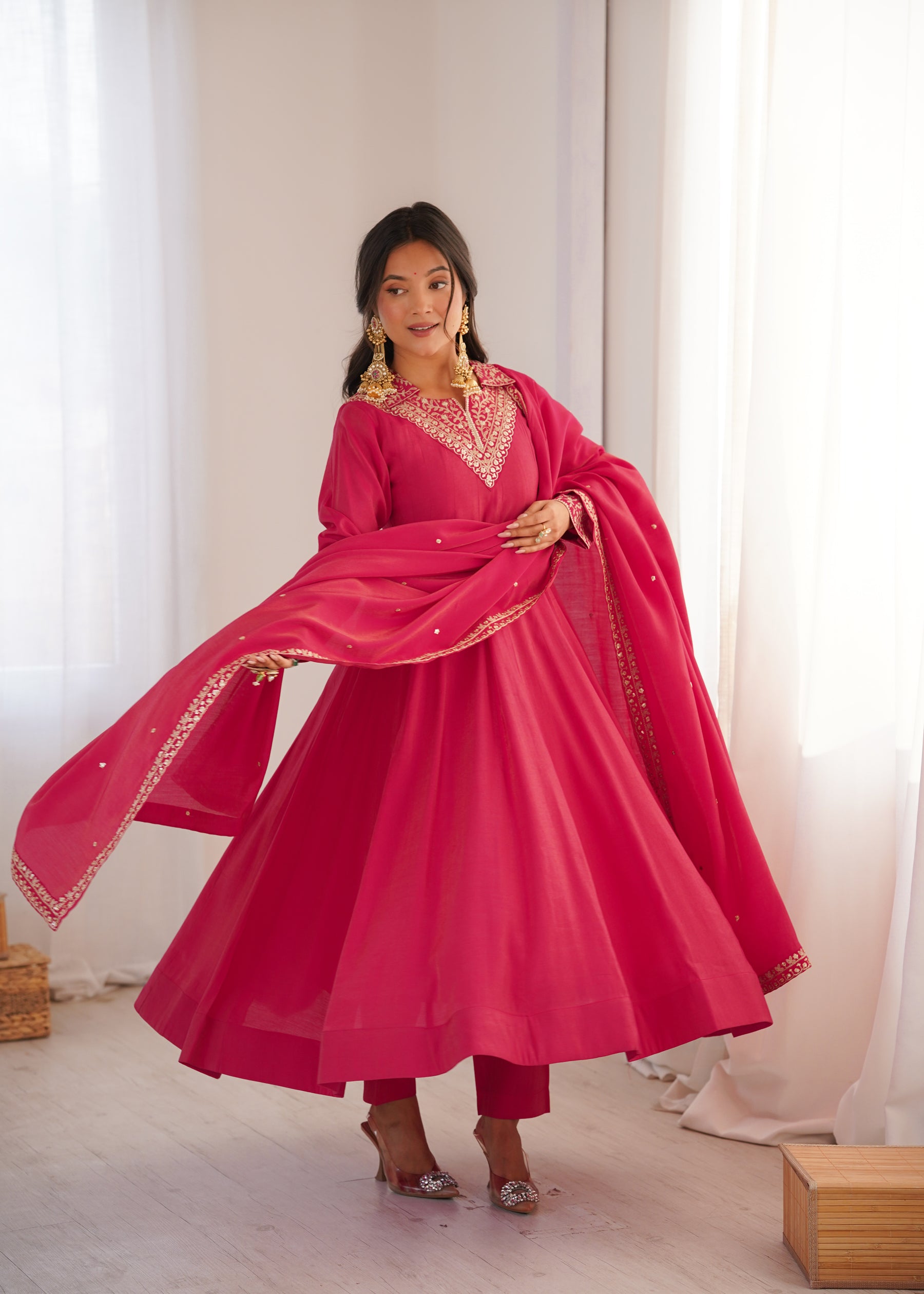 Lorenvalley Fashion Magenta Roman Shimmer Silk Sequence and Jari work Anarkali Gown Pant with Dupatta - Distacart