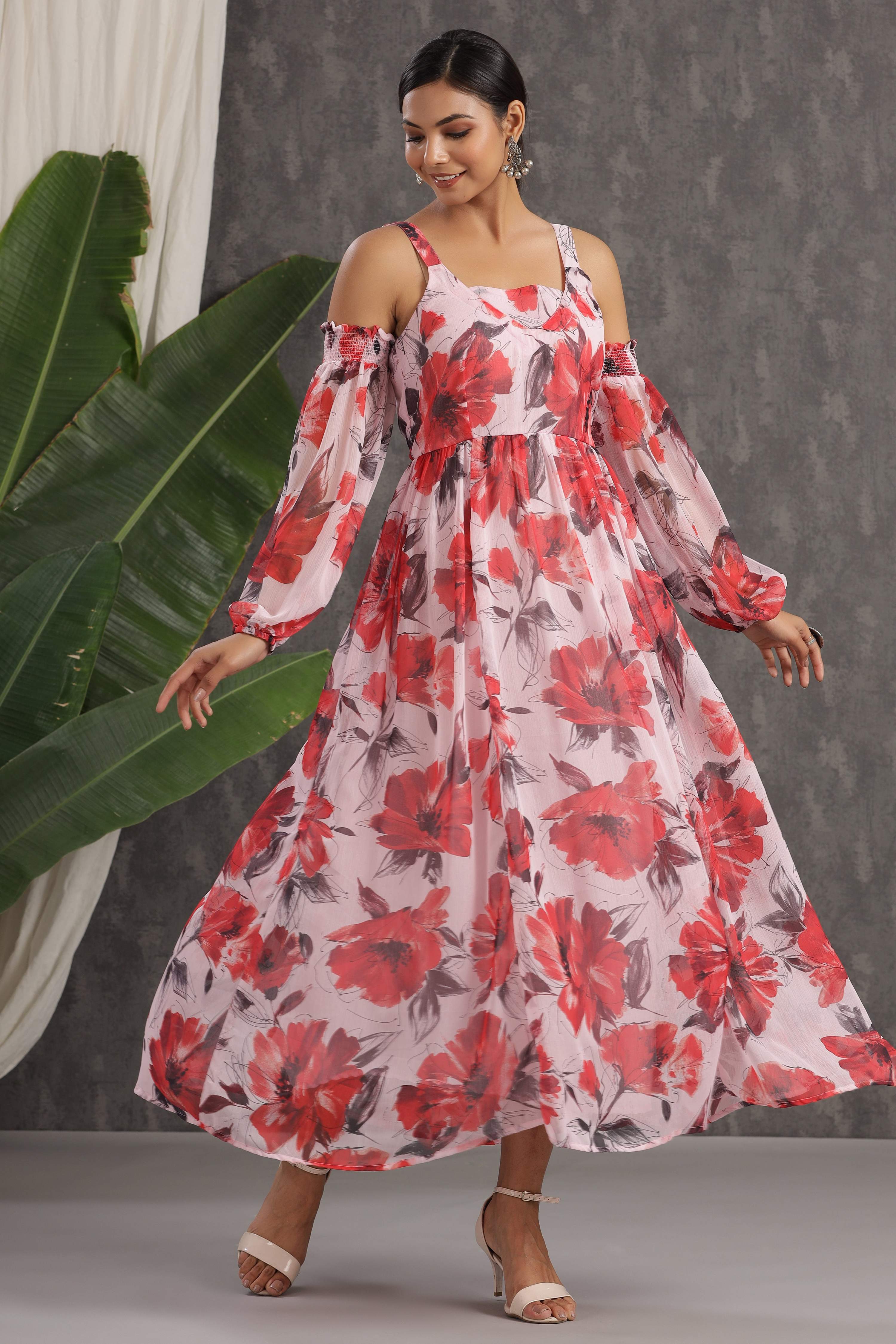 Juniper Light Pink Floral Printed Chiffon Maxi Dress With Adjustable Straps & Cold Shoulder - Distacart