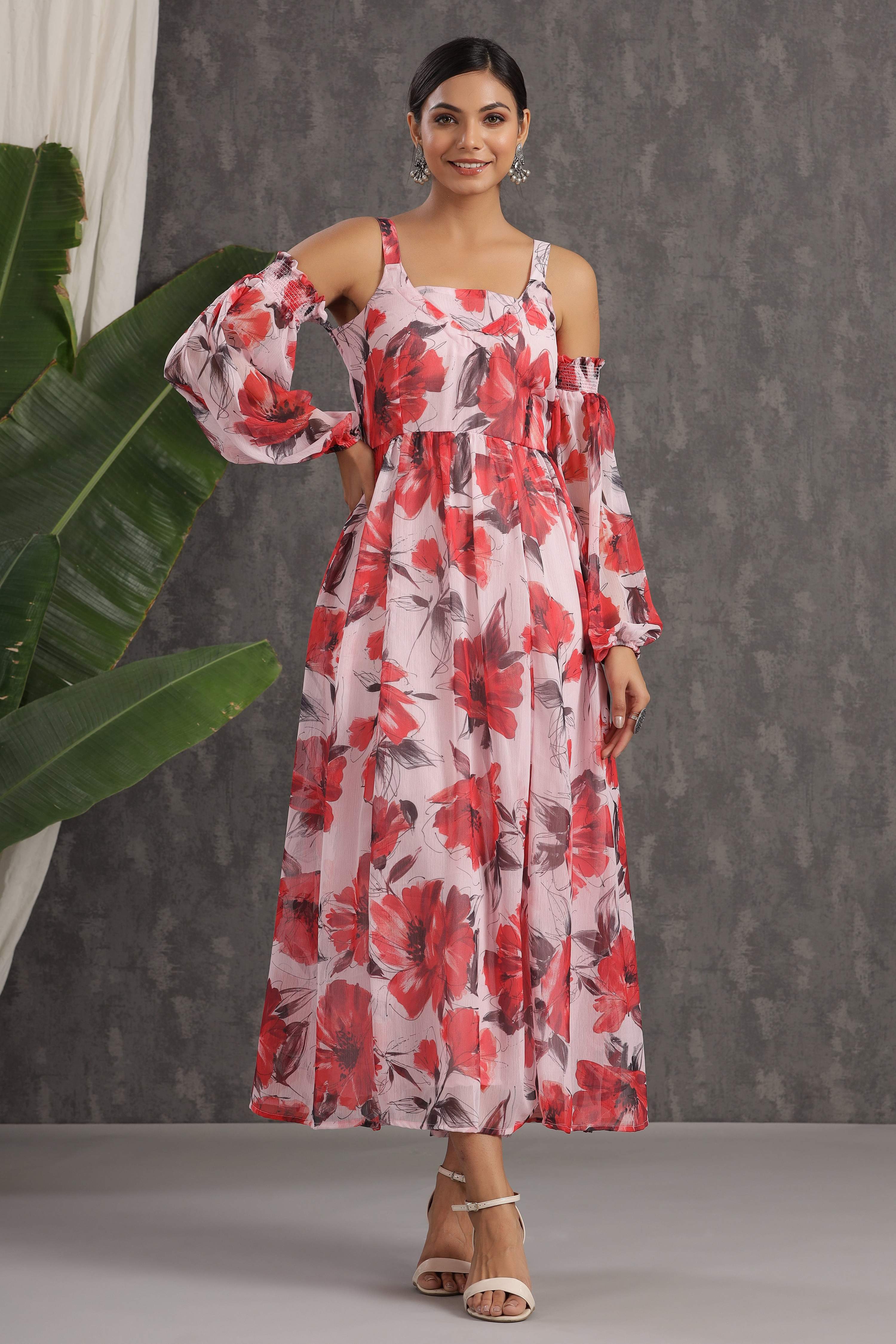 Juniper Light Pink Floral Printed Chiffon Maxi Dress With Adjustable Straps & Cold Shoulder - Distacart
