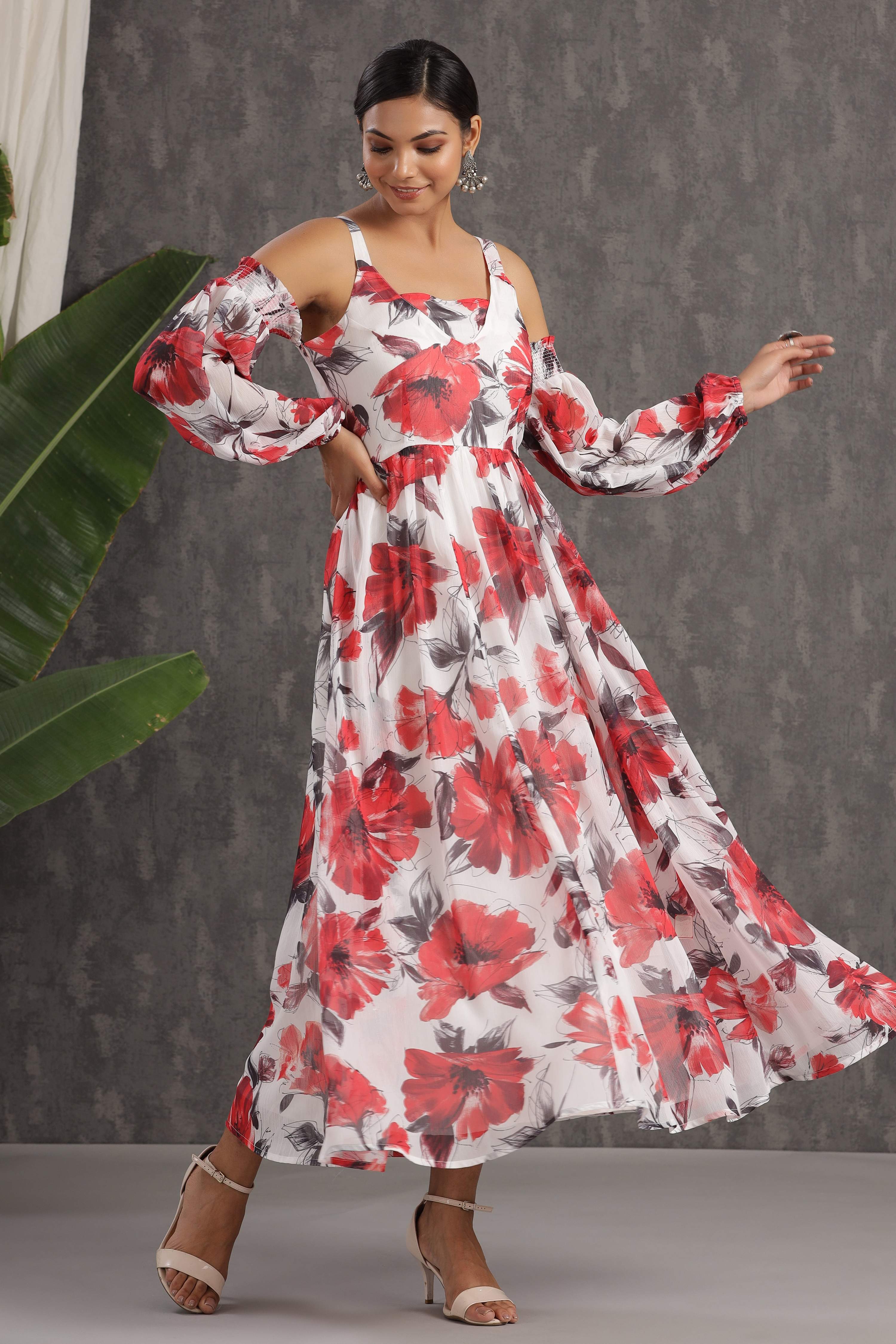 Juniper White Floral Printed Chiffon Maxi Dress With Adjustable Straps & Cold Shoulder - Distacart