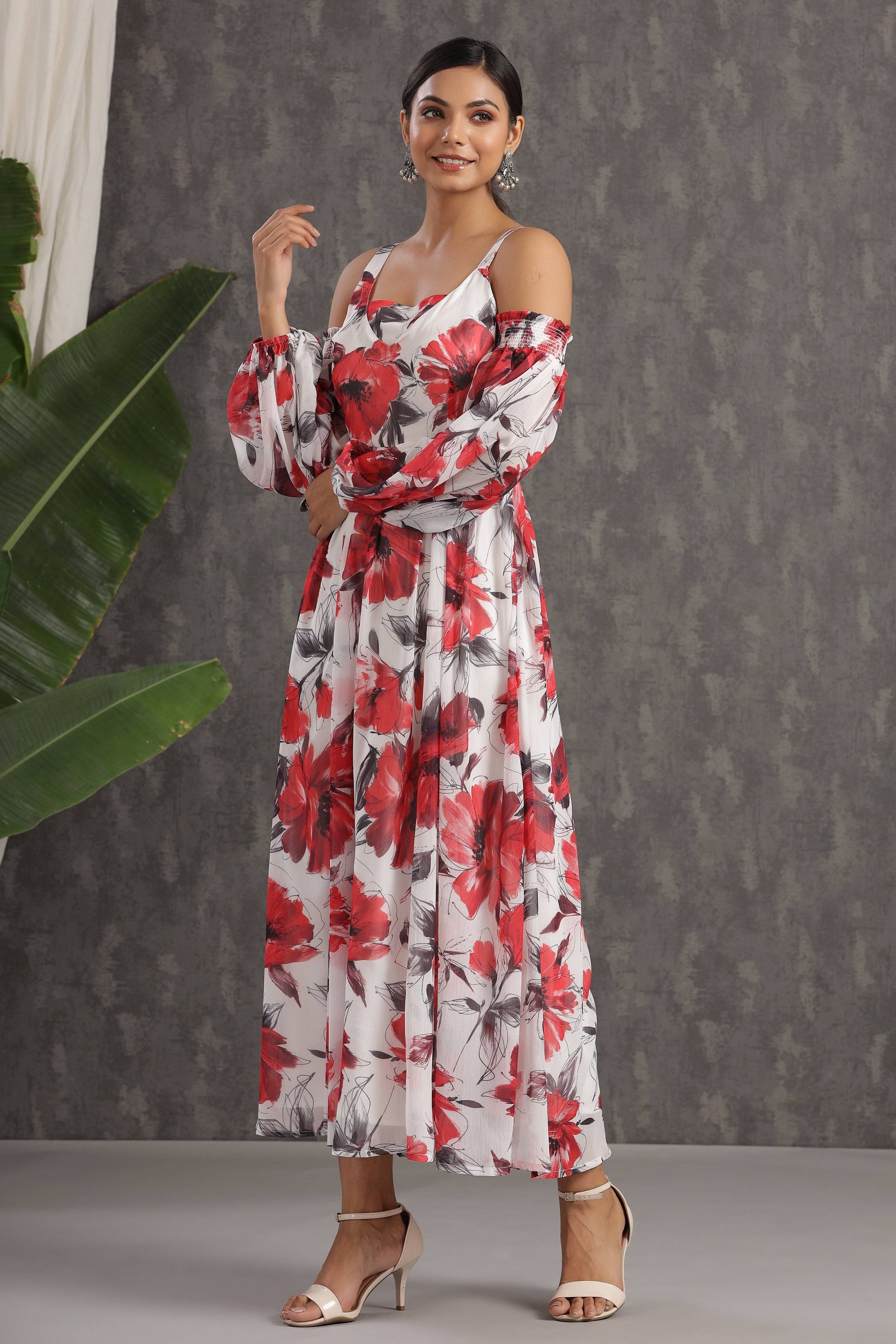Juniper White Floral Printed Chiffon Maxi Dress With Adjustable Straps & Cold Shoulder - Distacart