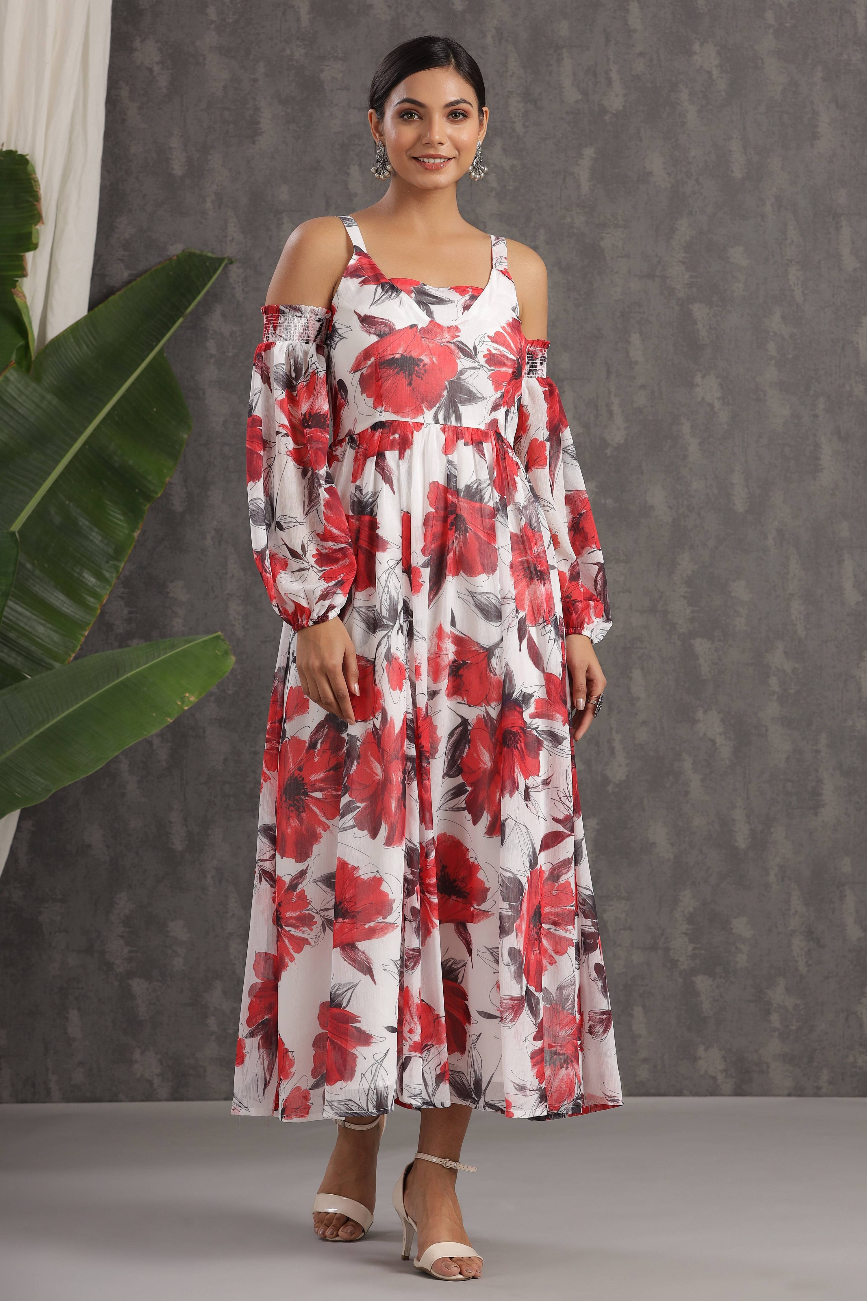 Juniper White Floral Printed Chiffon Maxi Dress With Adjustable Straps & Cold Shoulder - Distacart