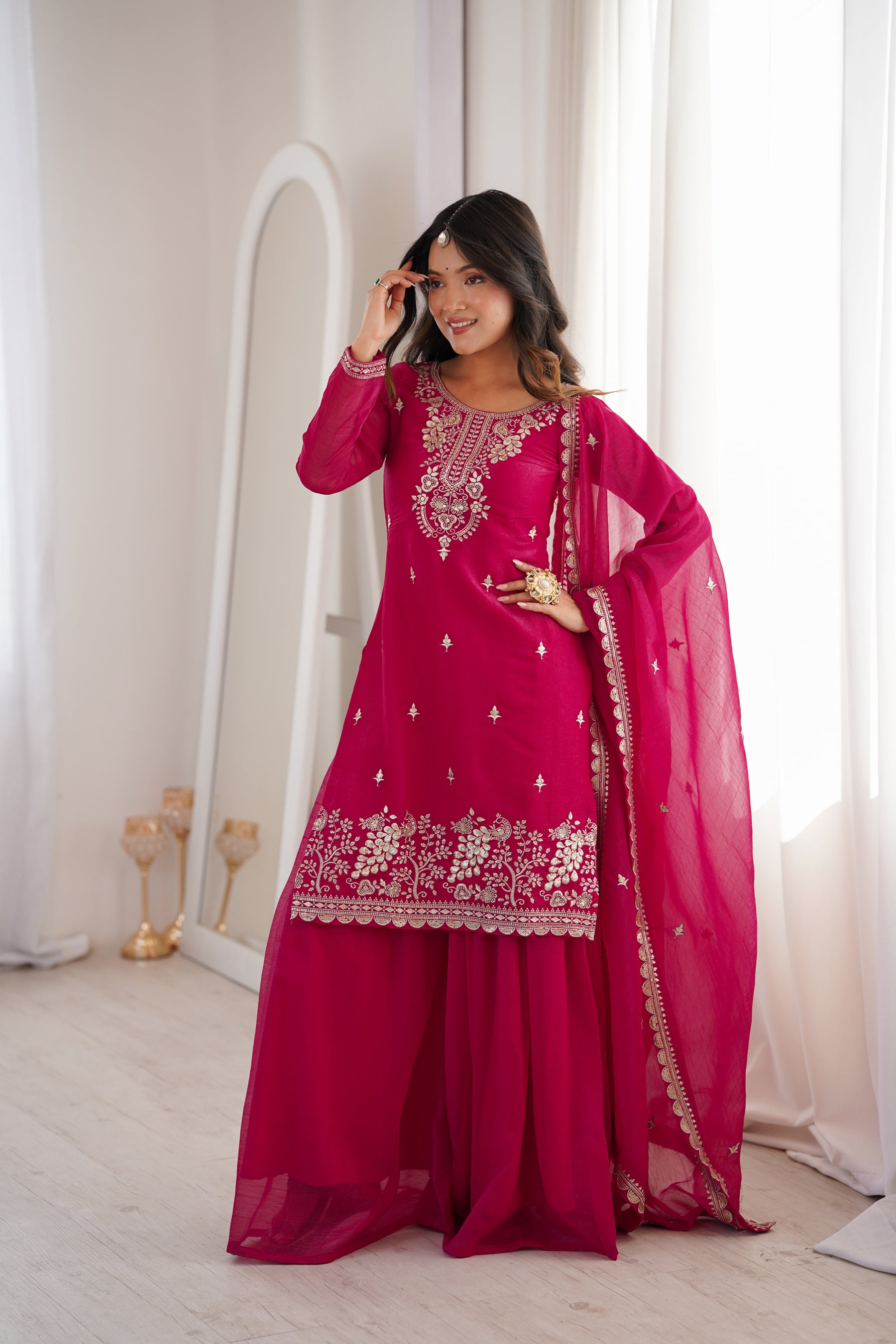 Lorenvalley Fashion Magenta Soft Crunchy Silk Fabric with Embroidery Sequence, Thread and Jari Work Kurta Palazzo with Dupatta - Distacart