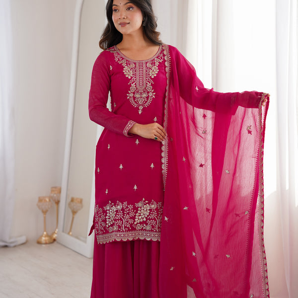 Lorenvalley Fashion Magenta Soft Crunchy Silk Fabric with Embroidery Sequence, Thread and Jari Work Kurta Palazzo with Dupatta - Distacart