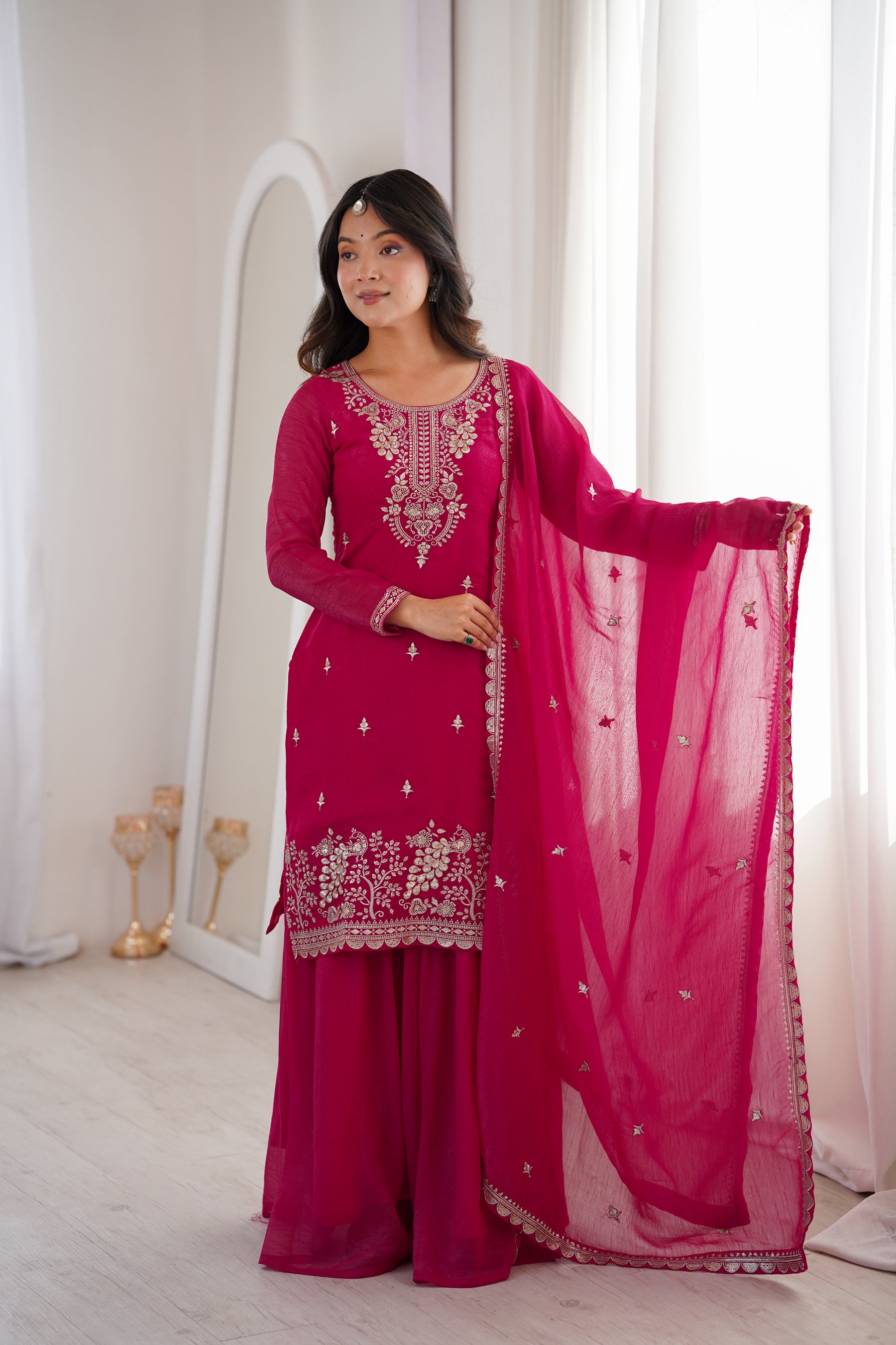 Lorenvalley Fashion Magenta Soft Crunchy Silk Fabric with Embroidery Sequence, Thread and Jari Work Kurta Palazzo with Dupatta - Distacart