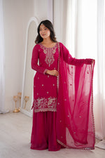 Thumbnail for Lorenvalley Fashion Magenta Soft Crunchy Silk Fabric with Embroidery Sequence, Thread and Jari Work Kurta Palazzo with Dupatta - Distacart