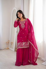 Thumbnail for Lorenvalley Fashion Magenta Soft Crunchy Silk Fabric with Embroidery Sequence, Thread and Jari Work Kurta Palazzo with Dupatta - Distacart