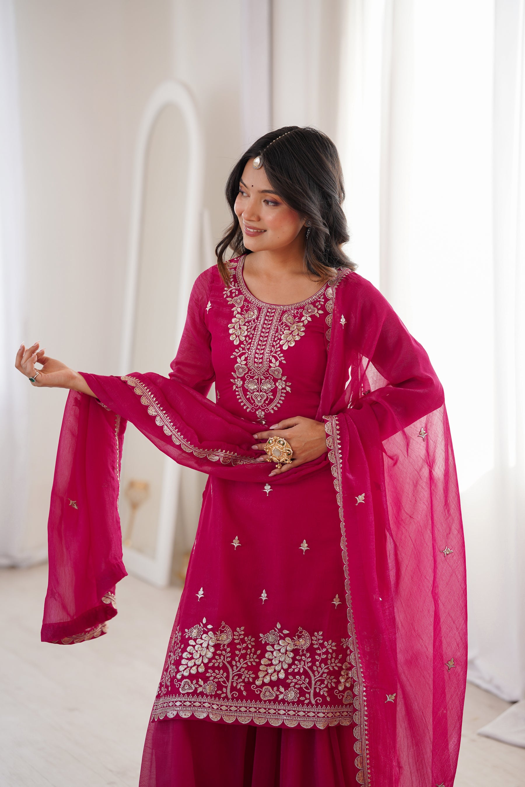 Lorenvalley Fashion Magenta Soft Crunchy Silk Fabric with Embroidery Sequence, Thread and Jari Work Kurta Palazzo with Dupatta - Distacart
