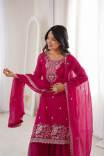 Thumbnail for Lorenvalley Fashion Magenta Soft Crunchy Silk Fabric with Embroidery Sequence, Thread and Jari Work Kurta Palazzo with Dupatta - Distacart