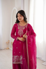 Thumbnail for Lorenvalley Fashion Magenta Soft Crunchy Silk Fabric with Embroidery Sequence, Thread and Jari Work Kurta Palazzo with Dupatta - Distacart