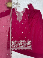 Thumbnail for Lorenvalley Fashion Magenta Soft Crunchy Silk Fabric with Embroidery Sequence, Thread and Jari Work Kurta Palazzo with Dupatta - Distacart