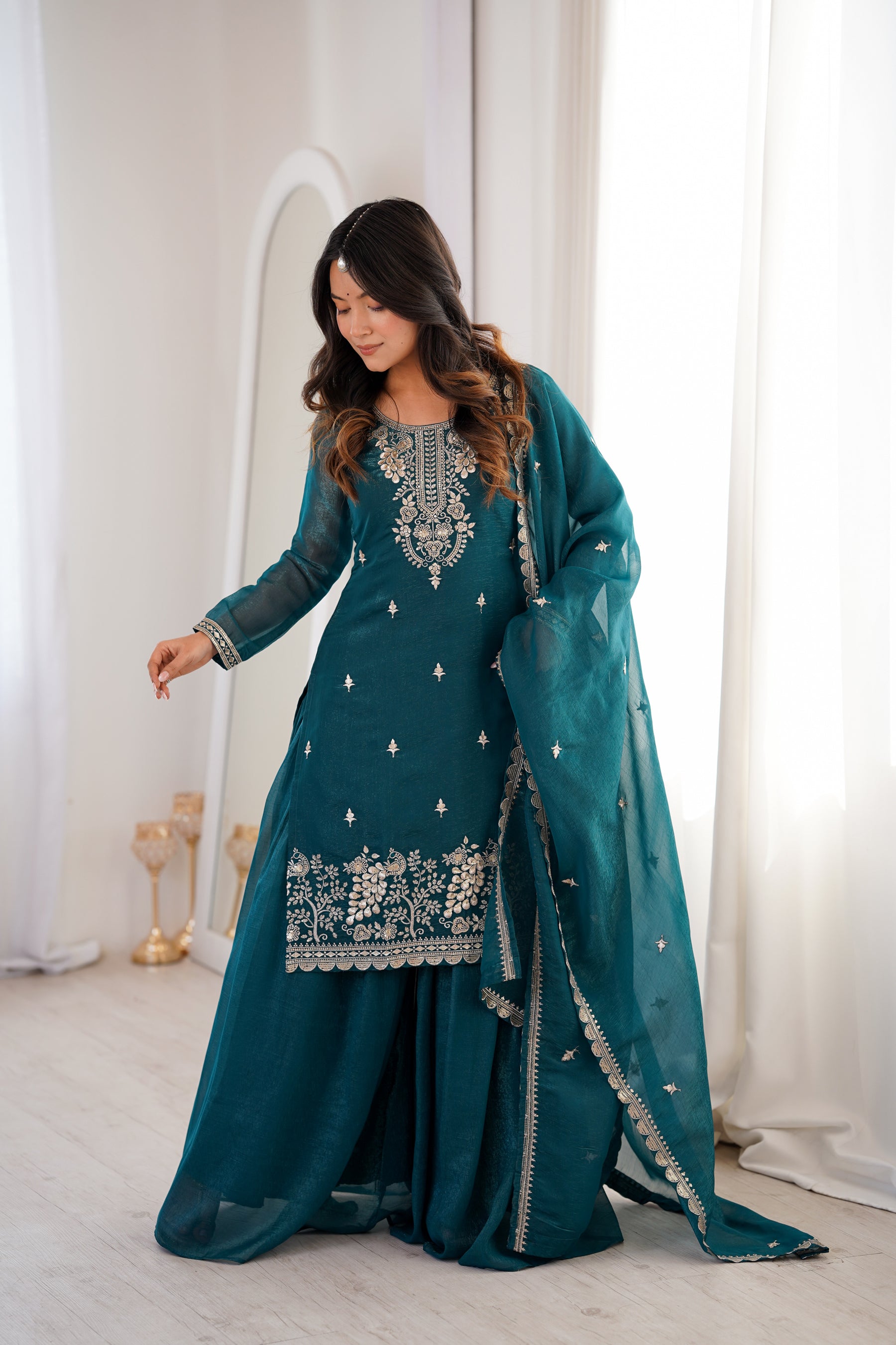 Lorenvalley Fashion Teal Soft Crunchy Silk Fabric with Embroidery Sequence, Thread and Jari Work Kurta Palazzo with Dupatta - Distacart