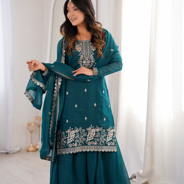 Lorenvalley Fashion Teal Soft Crunchy Silk Fabric with Embroidery Sequence, Thread and Jari Work Kurta Palazzo with Dupatta - Distacart