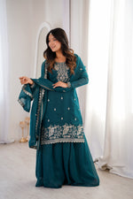 Thumbnail for Lorenvalley Fashion Teal Soft Crunchy Silk Fabric with Embroidery Sequence, Thread and Jari Work Kurta Palazzo with Dupatta - Distacart