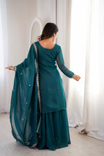 Thumbnail for Lorenvalley Fashion Teal Soft Crunchy Silk Fabric with Embroidery Sequence, Thread and Jari Work Kurta Palazzo with Dupatta - Distacart