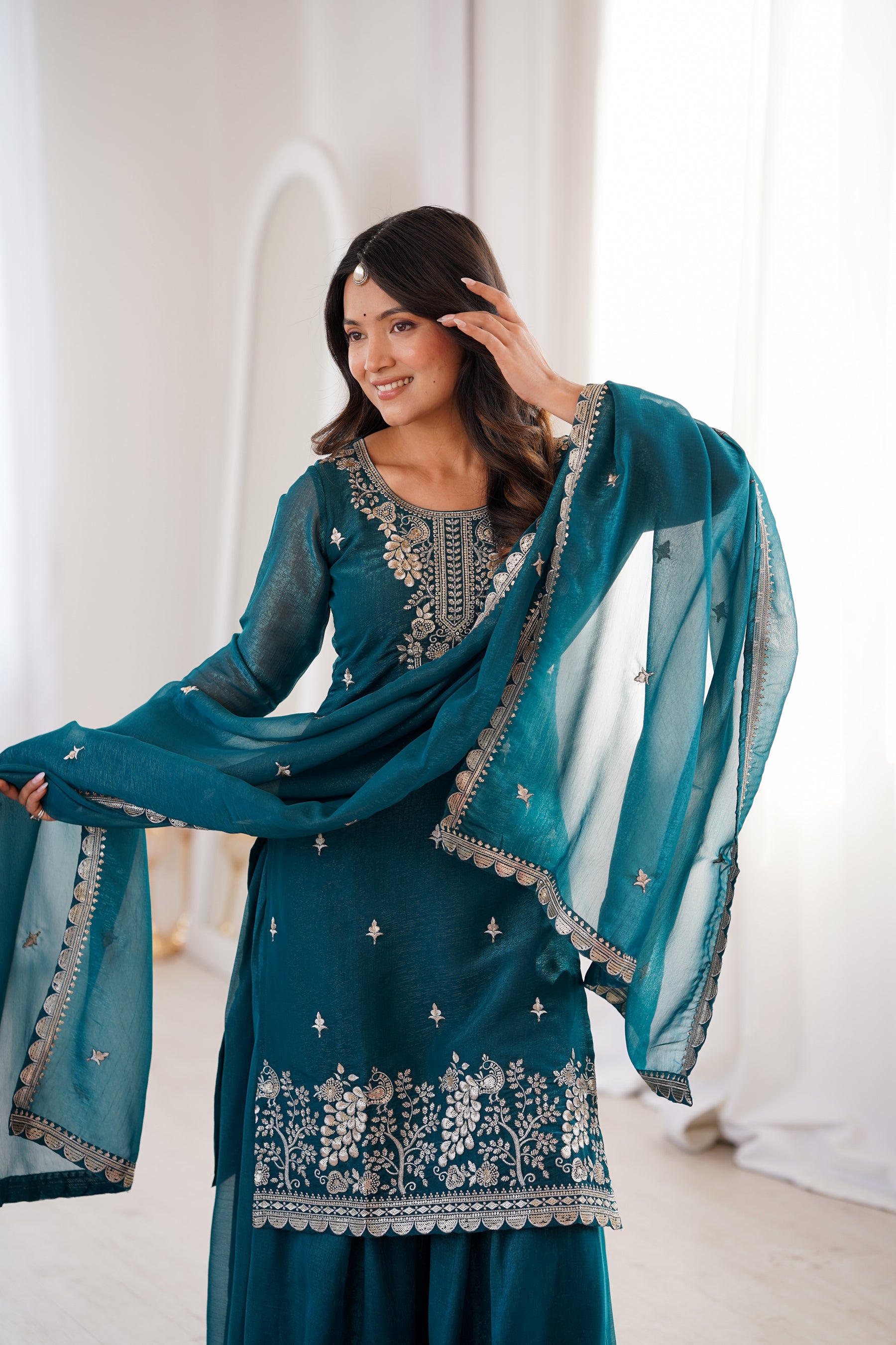 Lorenvalley Fashion Teal Soft Crunchy Silk Fabric with Embroidery Sequence, Thread and Jari Work Kurta Palazzo with Dupatta - Distacart