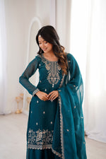 Thumbnail for Lorenvalley Fashion Teal Soft Crunchy Silk Fabric with Embroidery Sequence, Thread and Jari Work Kurta Palazzo with Dupatta - Distacart