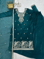Thumbnail for Lorenvalley Fashion Teal Soft Crunchy Silk Fabric with Embroidery Sequence, Thread and Jari Work Kurta Palazzo with Dupatta - Distacart