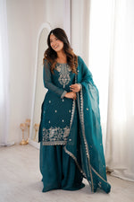 Thumbnail for Lorenvalley Fashion Teal Soft Crunchy Silk Fabric with Embroidery Sequence, Thread and Jari Work Kurta Palazzo with Dupatta - Distacart