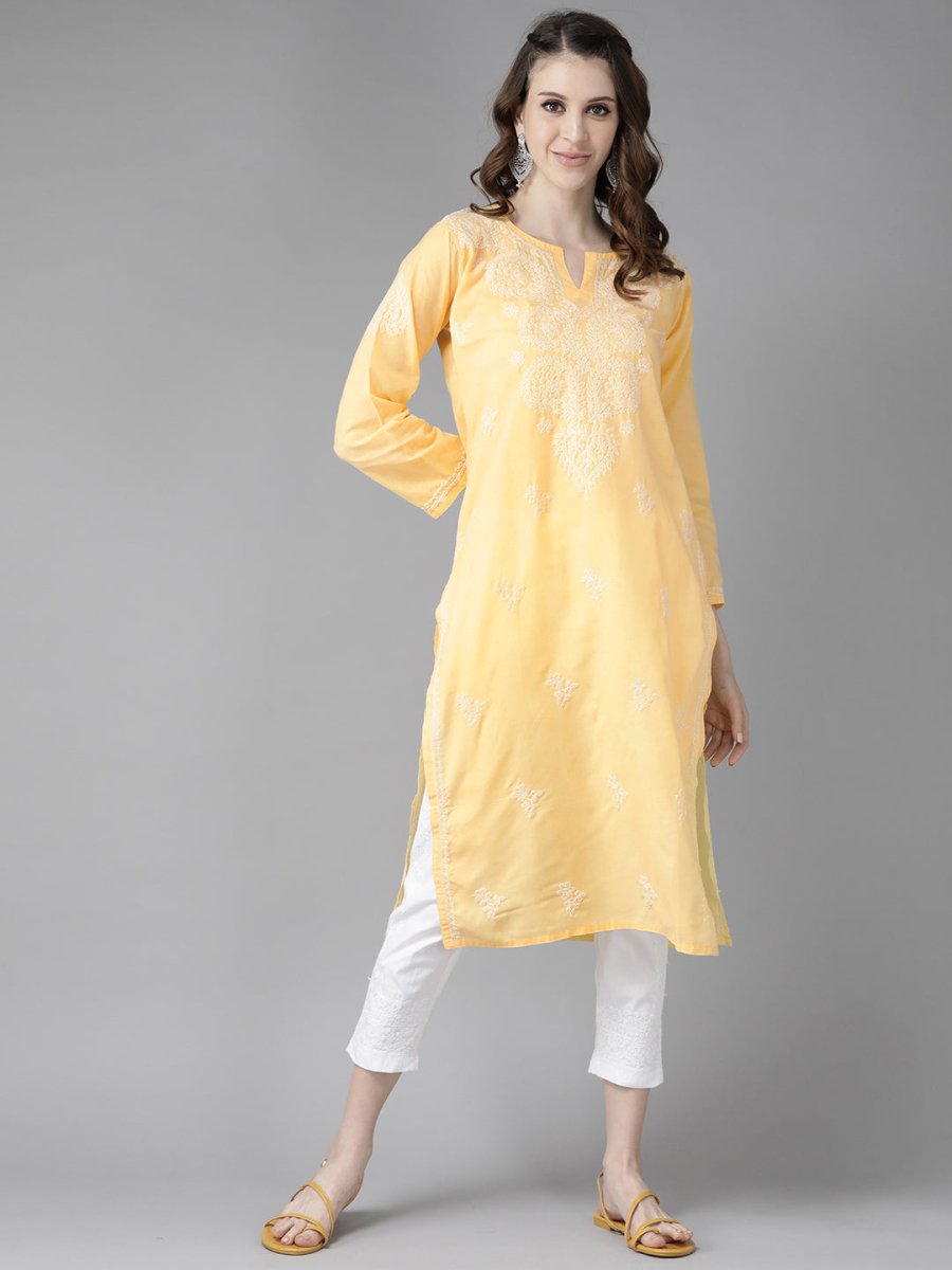 ADA Women Yellow & White Cotton Sustainable Hand Embroidered Chikankari Kurta & Trousers - Distacart