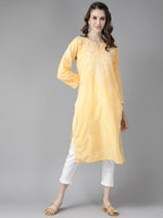 Thumbnail for ADA Women Yellow & White Cotton Sustainable Hand Embroidered Chikankari Kurta & Trousers - Distacart