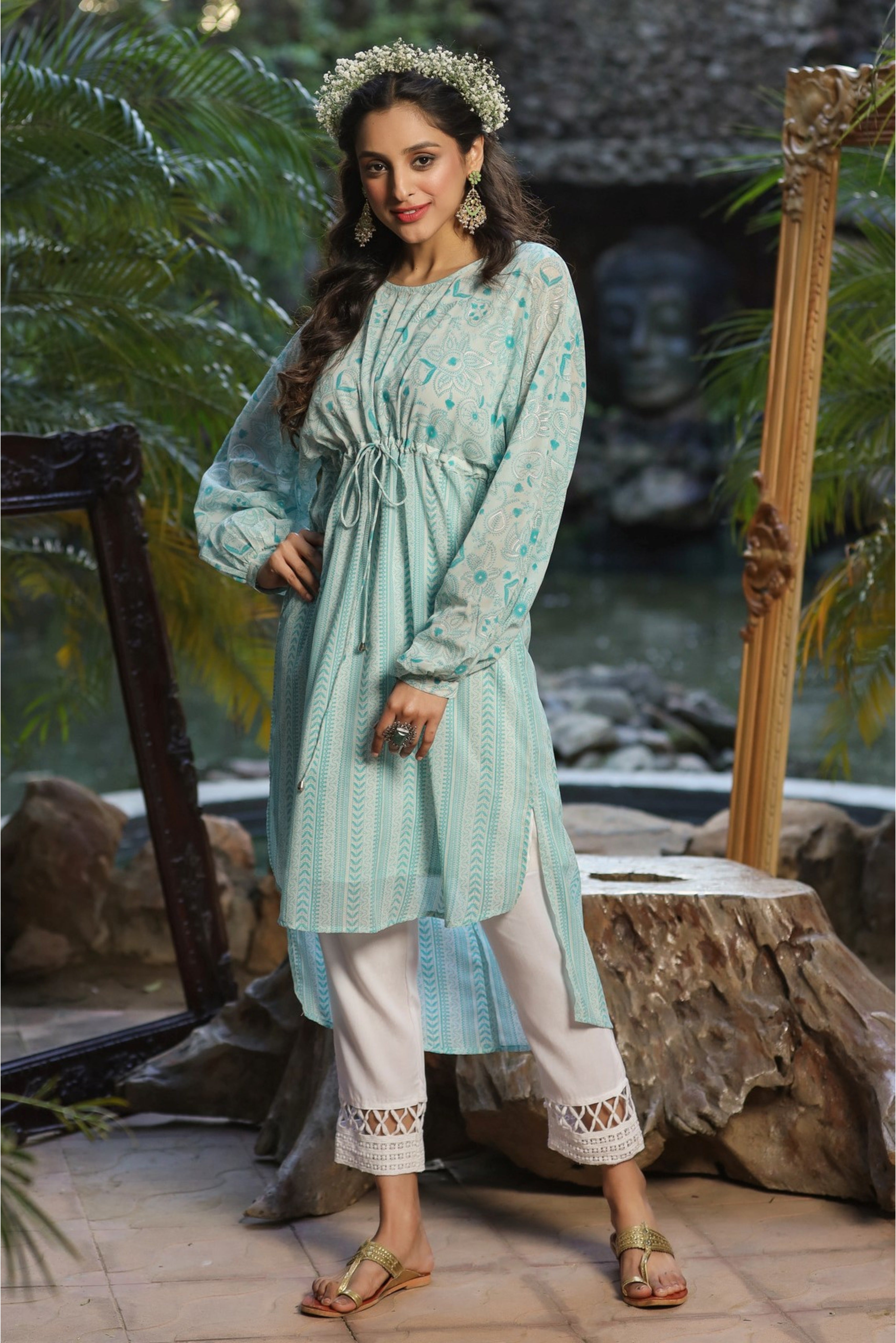 Juniper Blue Floral Printed Georgette High- Low Tunic With Shantoon Inner - Distacart