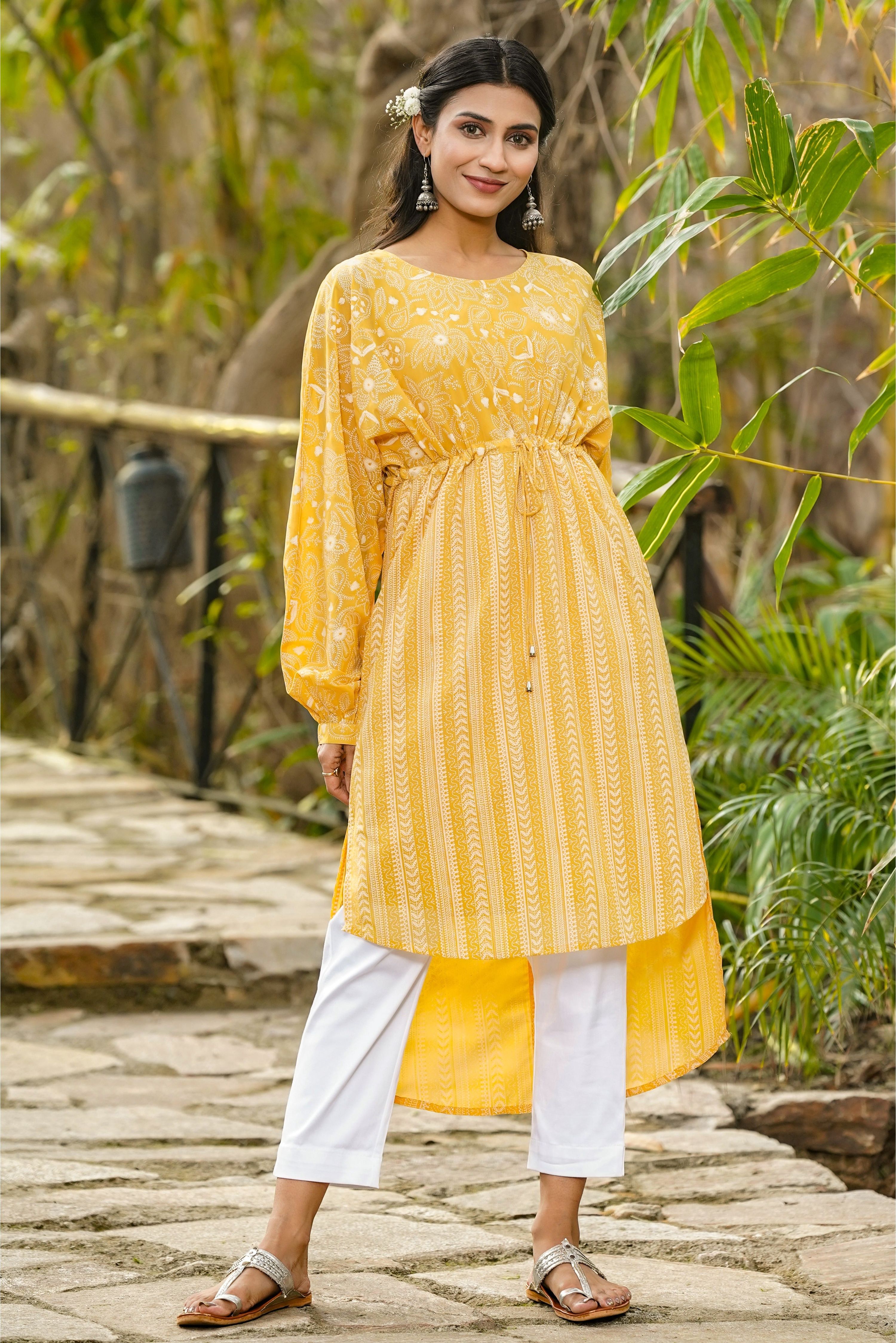 Juniper Yellow Floral Printed Georgette High- Low Tunic With Shantoon Inner - Distacart