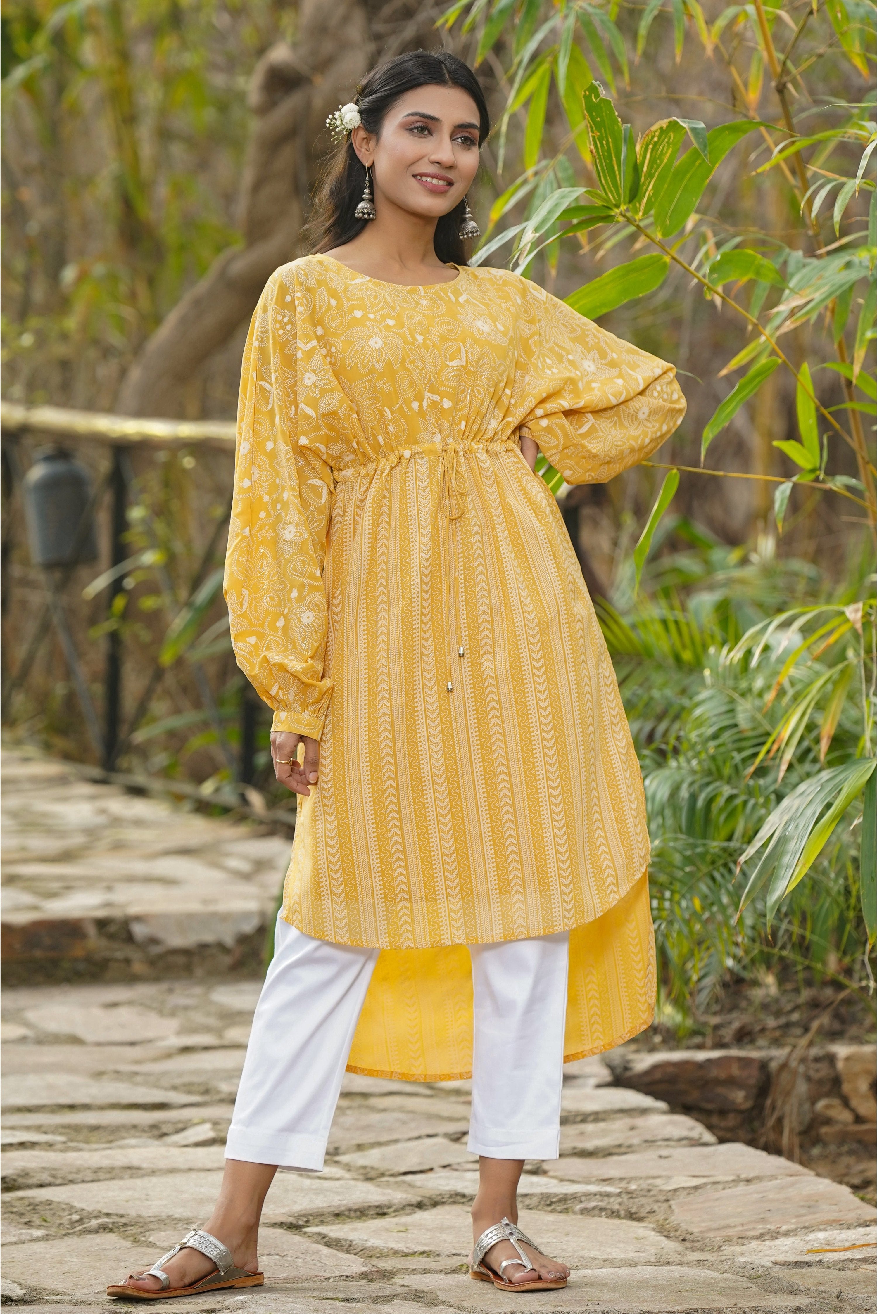 Juniper Yellow Floral Printed Georgette High- Low Tunic With Shantoon Inner - Distacart
