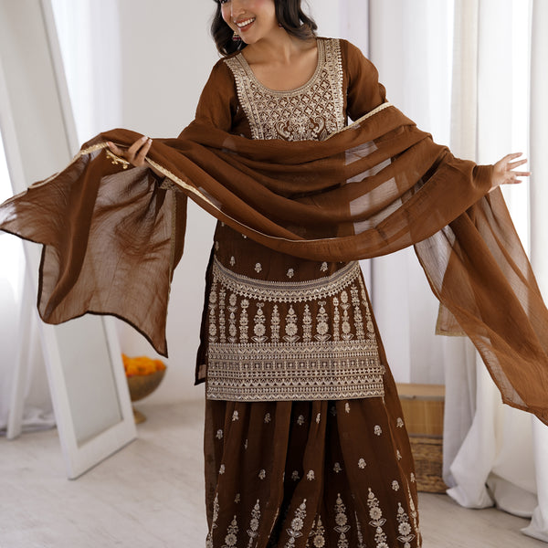 Lorenvalley Fashion Brown Soft Crunchy Silk Fabric with Embroidery Dori, Jari Work Kurta Palazzo with Dupatta - Distacart