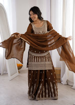 Thumbnail for Lorenvalley Fashion Brown Soft Crunchy Silk Fabric with Embroidery Dori, Jari Work Kurta Palazzo with Dupatta - Distacart