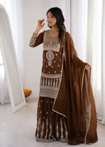 Thumbnail for Lorenvalley Fashion Brown Soft Crunchy Silk Fabric with Embroidery Dori, Jari Work Kurta Palazzo with Dupatta - Distacart