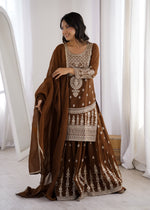 Thumbnail for Lorenvalley Fashion Brown Soft Crunchy Silk Fabric with Embroidery Dori, Jari Work Kurta Palazzo with Dupatta - Distacart