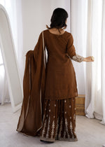 Thumbnail for Lorenvalley Fashion Brown Soft Crunchy Silk Fabric with Embroidery Dori, Jari Work Kurta Palazzo with Dupatta - Distacart