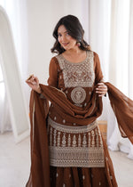 Thumbnail for Lorenvalley Fashion Brown Soft Crunchy Silk Fabric with Embroidery Dori, Jari Work Kurta Palazzo with Dupatta - Distacart