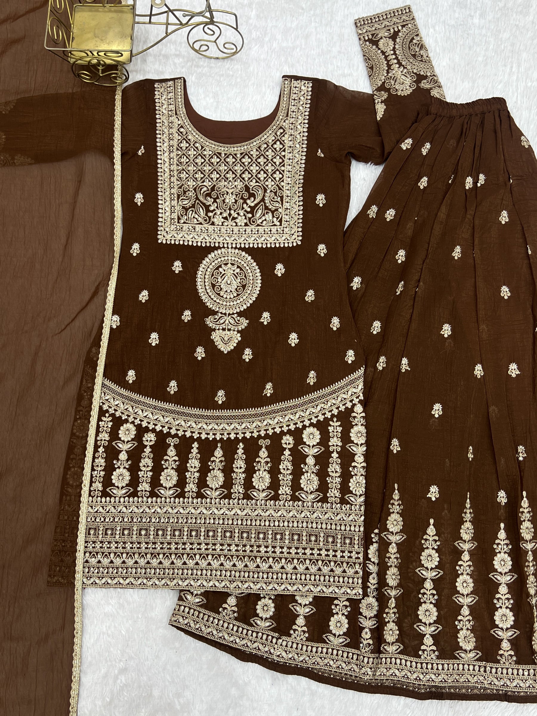 Lorenvalley Fashion Brown Soft Crunchy Silk Fabric with Embroidery Dori, Jari Work Kurta Palazzo with Dupatta - Distacart