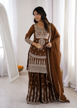 Thumbnail for Lorenvalley Fashion Brown Soft Crunchy Silk Fabric with Embroidery Dori, Jari Work Kurta Palazzo with Dupatta - Distacart