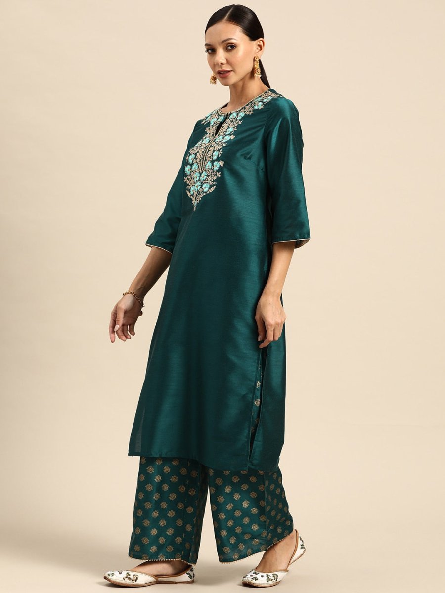 All About You Ethnic Motifs Embroidered Yoke Design Regular Sequinned Kurta with Palazzos - Distacart