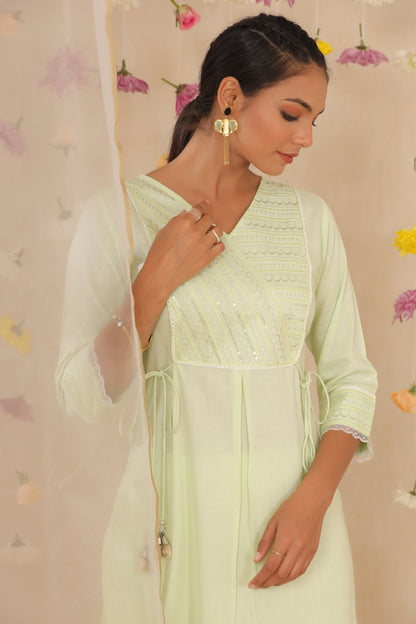 Juniper Women's Light Green Cotton Blend Printed Kurta Set - Distacart