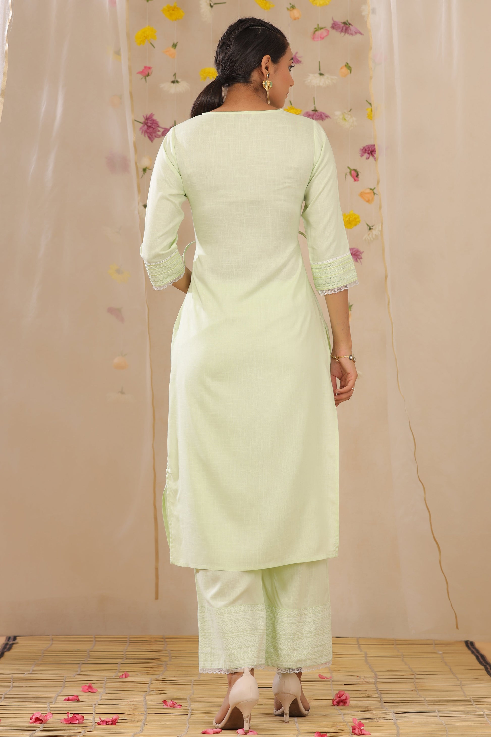 Juniper Women's Light Green Cotton Blend Printed Kurta Set - Distacart