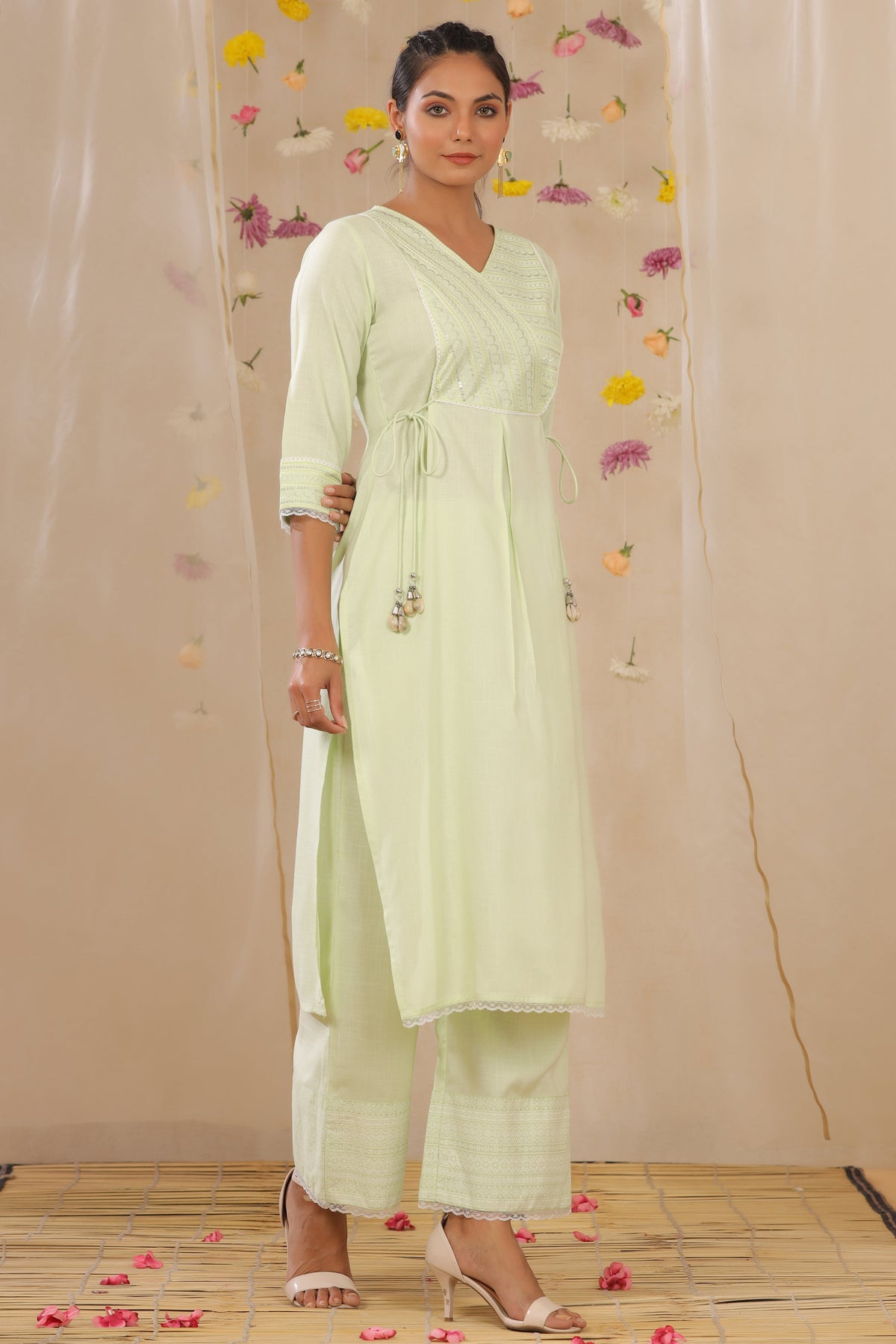 Juniper Women's Light Green Cotton Blend Printed Kurta Set - Distacart