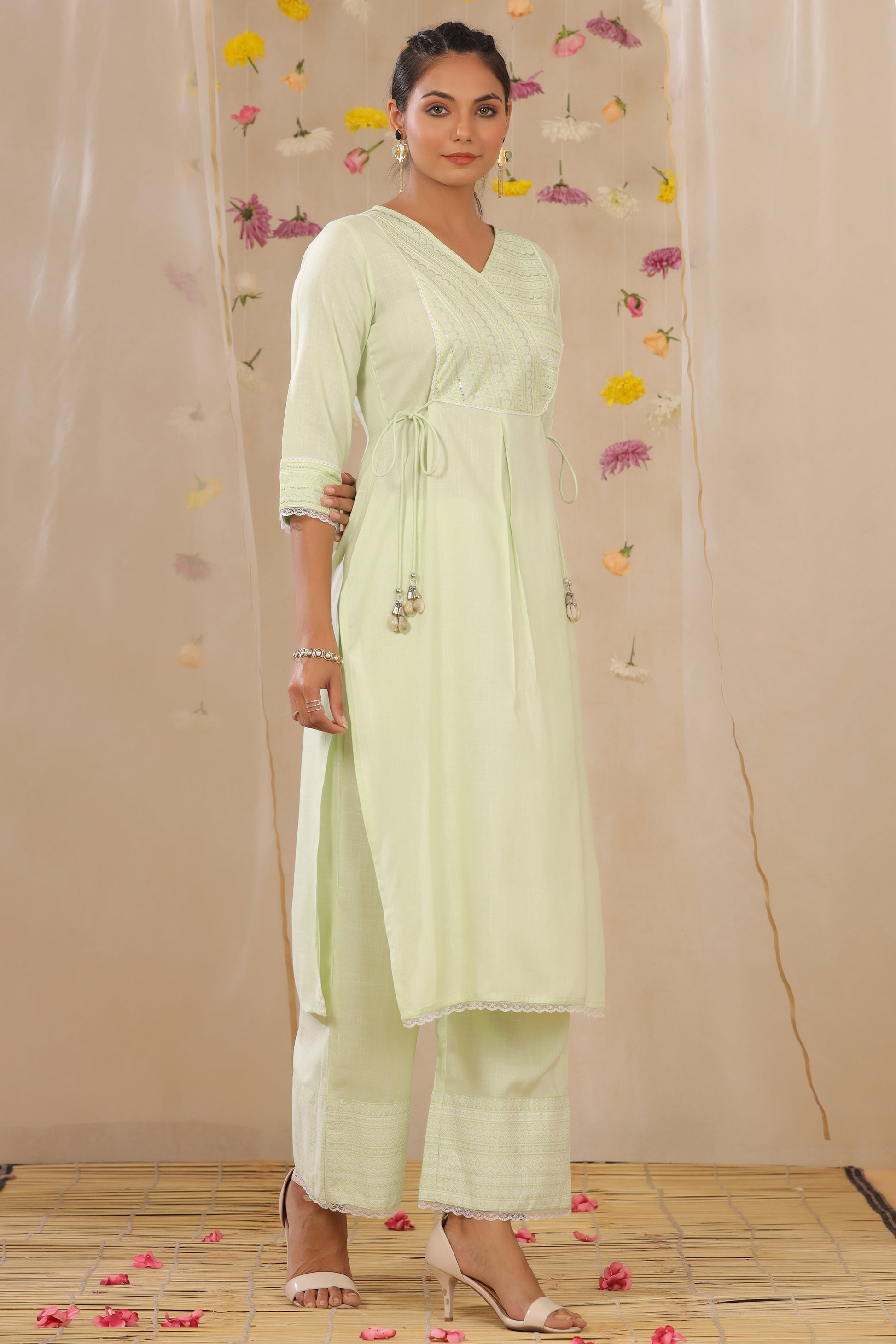 Juniper Women's Light Green Cotton Blend Printed Kurta Set - Distacart